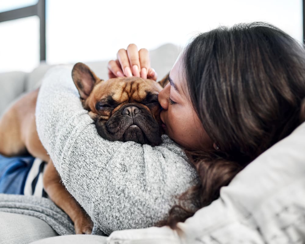 A woman is laying on the couch and kissing the face of a wrinkle-faced dog.